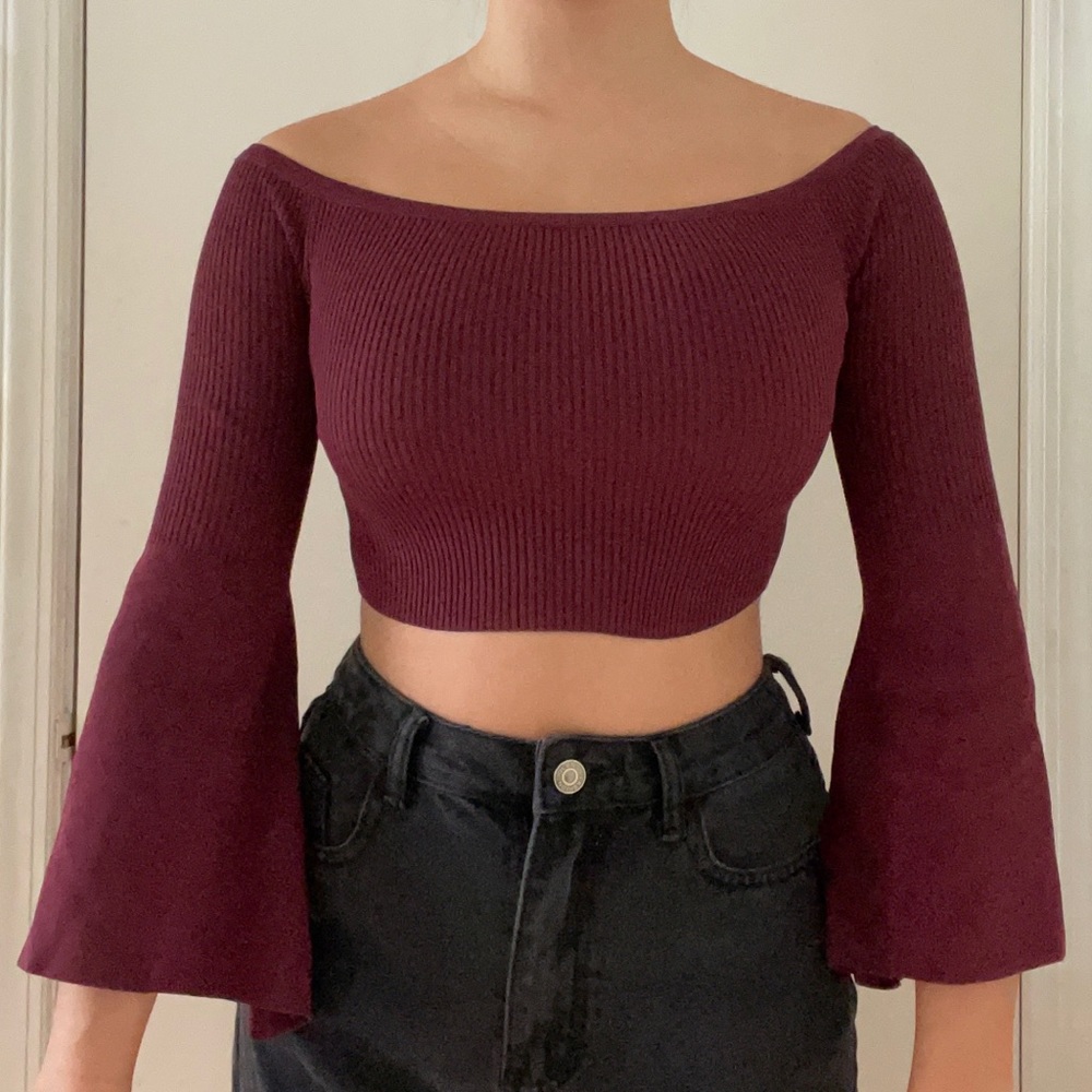 LF Seek Boat Neck Off Shoulder Bell Flared Sleeve Crop Top Maroon Burgundy